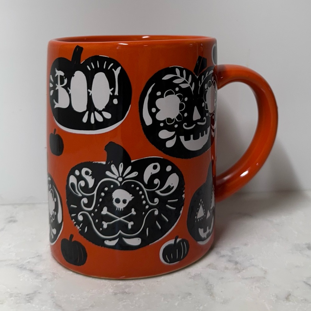 Crate&Barrel Halloween Orange Mug with Black Pumpkin Design
